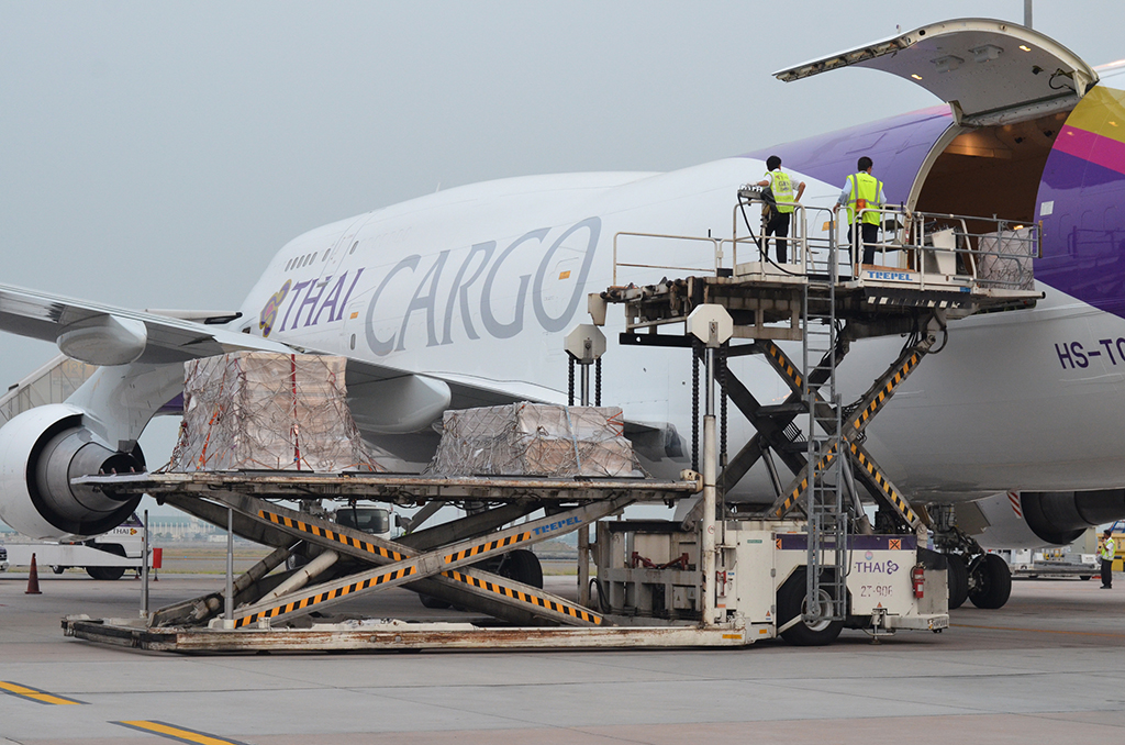 Air freight cargo being loaded onto an aircraft